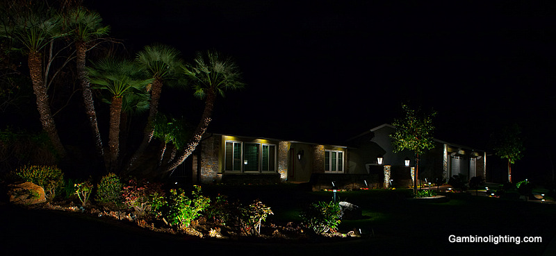 This Gambino lighting system was designed and built in 1995 and has been regularly maintained by Gambino landscape lighting. Photo taken spring 2013